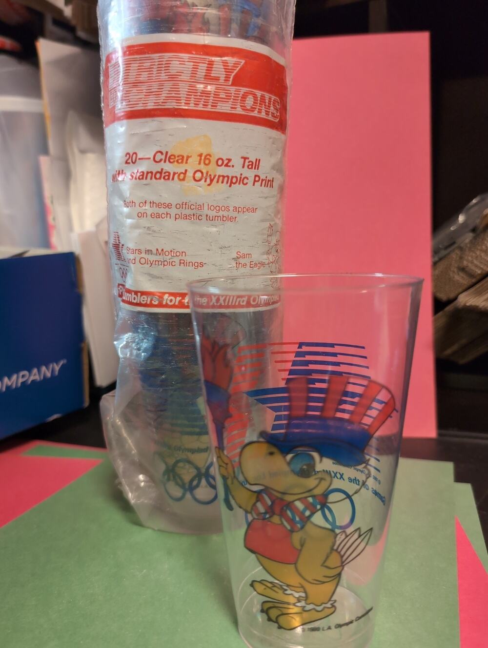 Vintage PLASTIC TUMBLERS FOR THE XXIIIrd OLYMPIAD QTY (19) Sam Eagle Logo